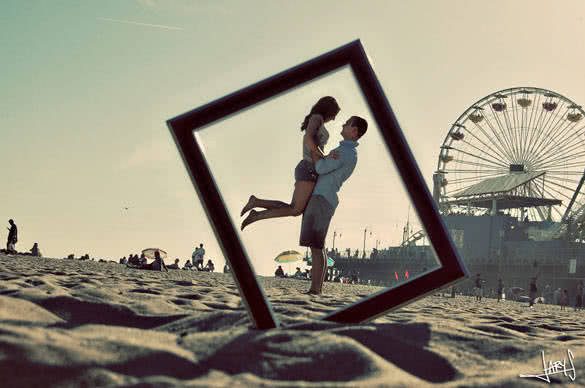 happy couple in photo frame