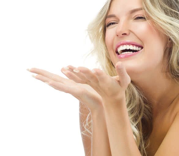 ttractive caucasian smiling woman blond isolated on white studio shot toothy smile face long hair head and shoulders