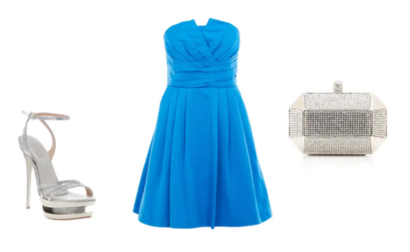 blue prom dress with silver strappy sandals outfit combination