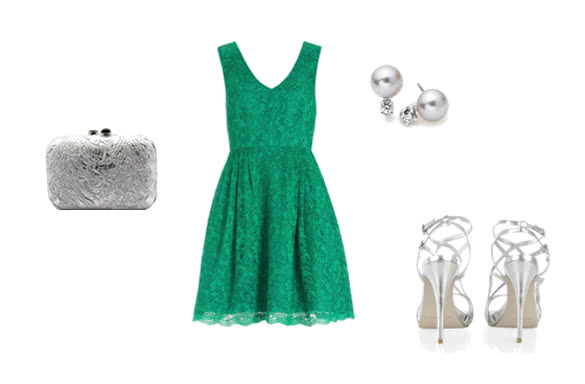 green prom dress with silver sandals outfit combination