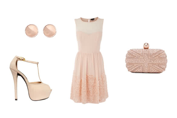 light pink prom dress with T strap platforms outfit combination