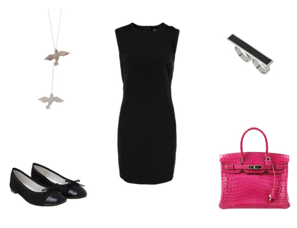 little black dress with comfortable black ballerina flats and some jewelry