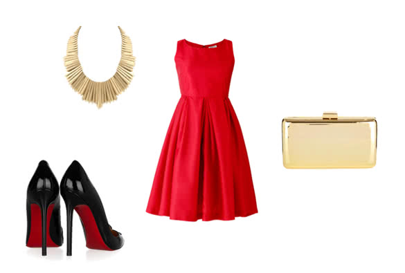 red prom dress with golden accessories outfit combination