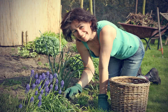 a mature smiling female gardener working in the garden