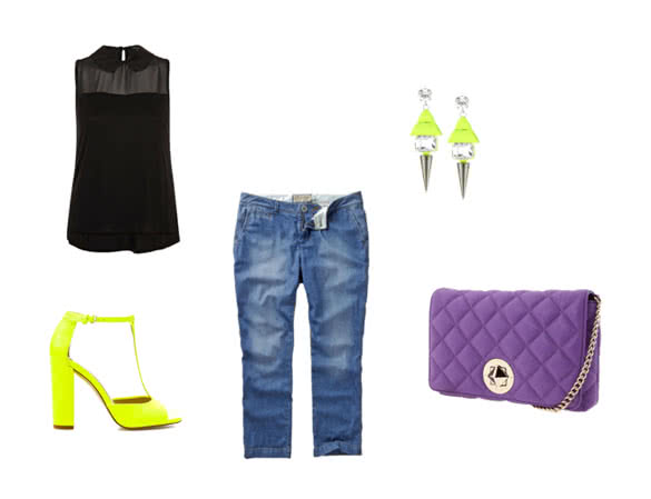 neon sandals  and neon earrings outfit combination