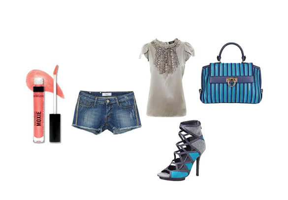 blue bag and denim shorts outfit combination