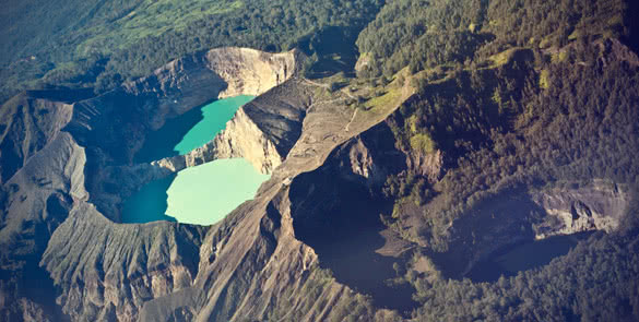 aerial view of the kelimutu colored crater lake