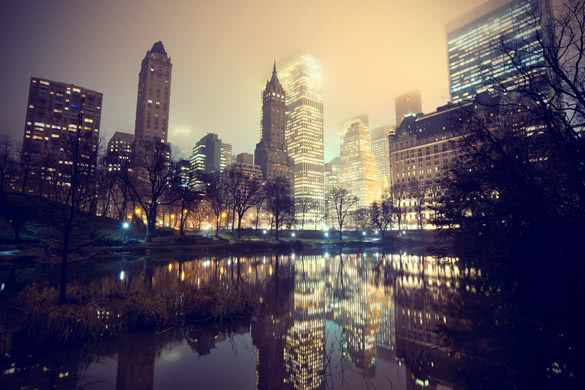 central park and new york city skyline at mist