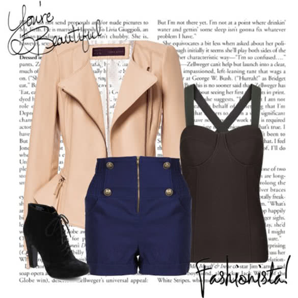 Military style shorts outfit combination with peplum jacket
