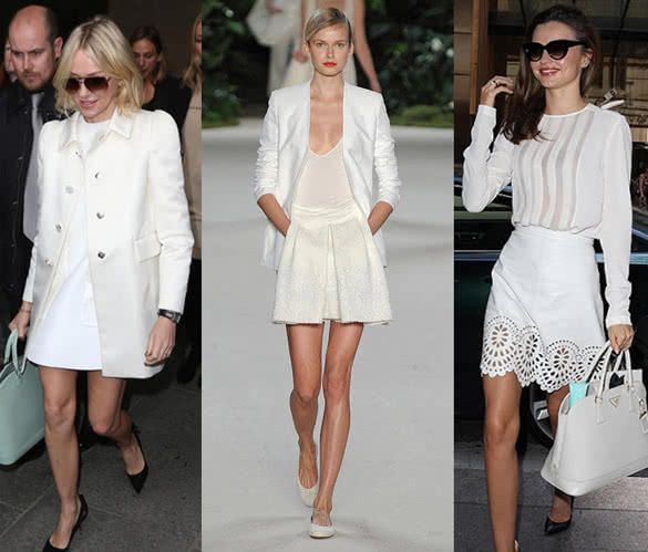 three different white on white outfit combinations