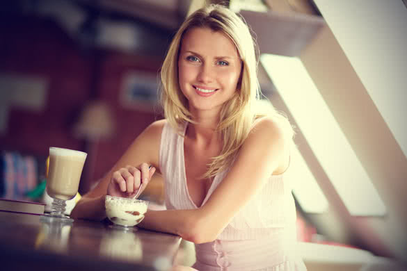 Woman ice cream and coffee