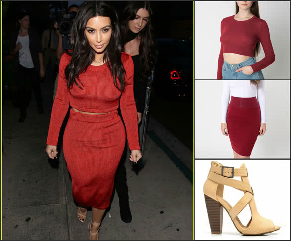 Kim-Kardashian-red-crop-top-and-high-waisted-skirt-outfit
