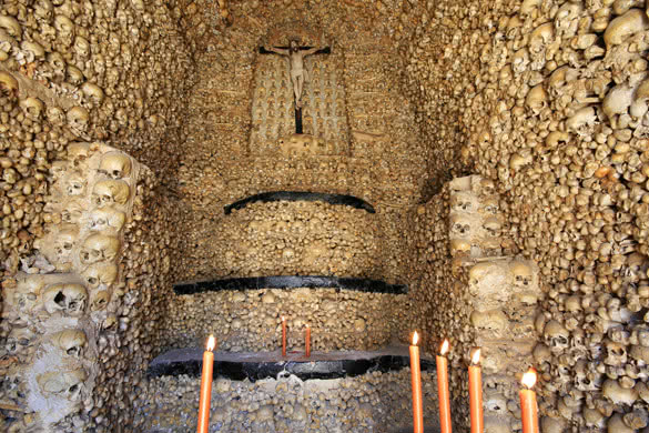 Human skulls covering inner walls of the Chapel of Bones