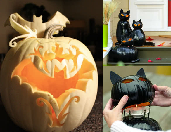 Bats and cats pumpkin carvings for Halloween