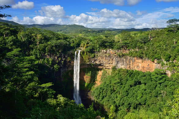 Scenic Chamarel falls in jungle of Mauritius island