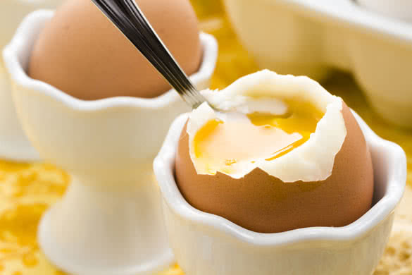 Soft boiled egg in egg cup and served with toast fingers