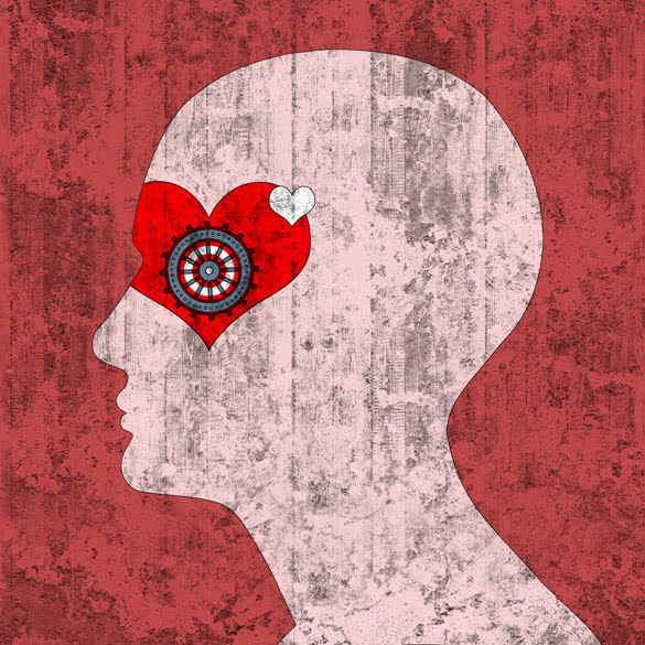 human head with red heart and wall background