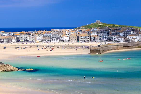 View overlooking Porthminster Beach St Ives Cornwall England UK