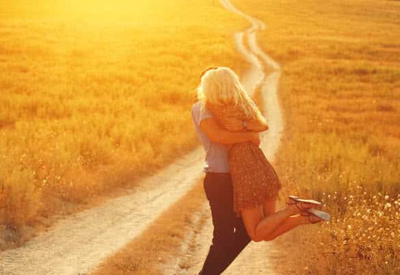 Couple in love romantic road summer field happy