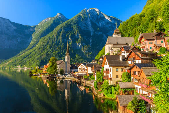 Famous Hallstatt mountain village and alpine lake
