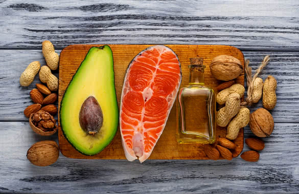 Healthy fat salmon avocado oil nuts