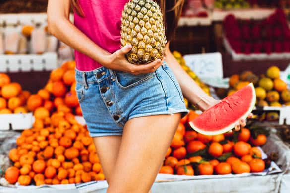 Beauty Model Girl takes Juicy Watermelon and Pineapple 2