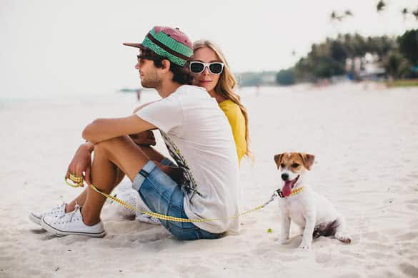 young stylish hipster couple in love walking playing dog puppy jack russell in tropical beach