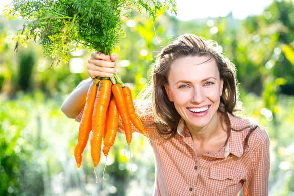 Beautiful young woman with organic carrots in a vegetable garden