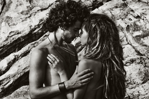 attractive hippie man and woman outdoors